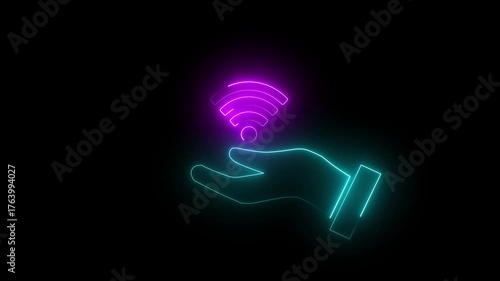Cyan and magenta color hand with a Wi-Fi signal animation on neon effect.