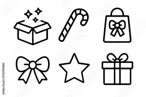 Christmas Gifts outline icon set: open box, sparkle, candy cane, gift bag, bow knot, star.