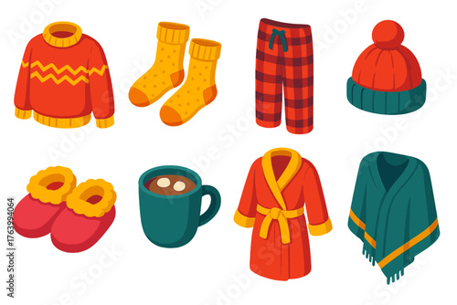 Holiday Attire Cozy Comfort flat isometric set: knit sweater, wool socks, plaid pajama pants, beanie hat, fuzzy slippers, mug of cocoa, flannel robe, blanket wrap.