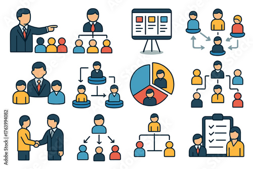 Role Division Business set icons in modern isometric flat vector style: manager assigning tasks, team hierarchy, project board, divided workflow, group with leader, department
