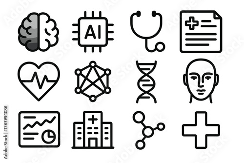 Modern Healthcare AI outline icon set: gradient brain, sleek AI chip, minimalist stethoscope, clean medical chart, geometric heart pulse, structured neural web, transparent DNA