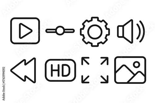 User Interface outline icon set: play button, progress bar, settings gear, volume icon, full screen, thumbnail preview, rewind arrow, HD badge.