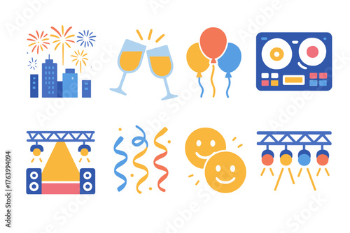 New Year Festivities flat icons: fireworks over city, clinking glasses, festive balloons, DJ console, bright stage, ribbons swirl, smiling faces, party lights.