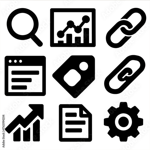 SEO Strategies silhouette set: search icon, analytics chart, keyword tag, link chain, website page, ranking arrow, content file, optimization gear.