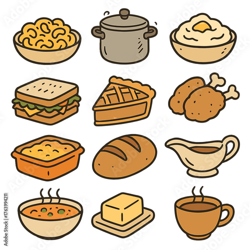 Classic Comfort Food set of icons in doodle hand-drawn vector style: mac and cheese, stew pot, mashed potatoes, fried chicken, sandwich, pie slice, bread loaf, gravy boat,