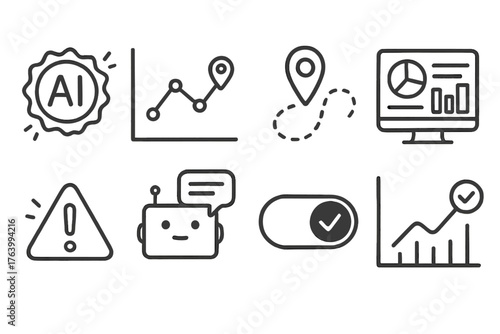 Smart Order Tracking set of icons in doodle hand-drawn vector style: AI prediction badge, route optimization chart, real-time GPS marker, shipment analytics dashboard, delay alert