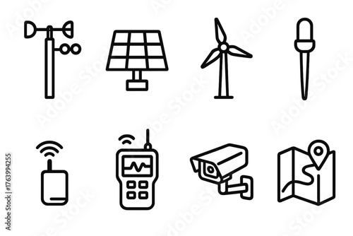 Outdoor Stations outline icon set: weather pole, solar-powered unit, wind turbine, temperature probe, wireless transmitter, field data logger, camera, map icon.