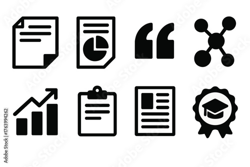 Research Publications silhouette set: science paper, report page, citation icon, molecular structure, data visualization, clipboard, article layout, scholar seal.