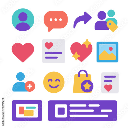 Social Wishlist Features flat icons: profile avatar, comment bubble, share icon, friend tag, like button, wishlist post, heart sparkle, photo frame, follow icon, reaction emoji,