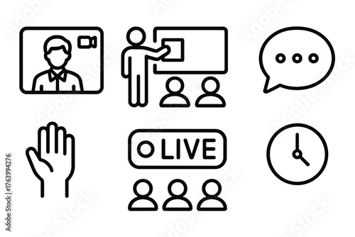 Live Classes outline icon set: teacher video, class session, whiteboard tool, message icon, hand raise, live stream badge, student avatars, timer clock.