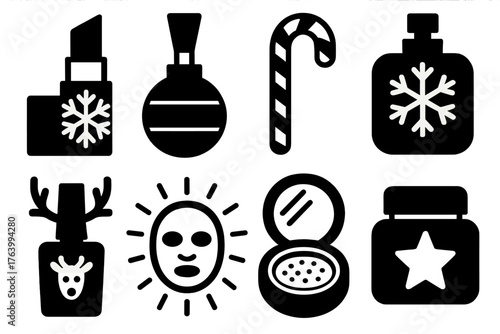 Festive Beauty Hacks silhouette set: snowflake lipstick, ornament brush, candy cane mirror, frosty perfume bottle, reindeer nail polish, glowing face mask, holiday compact, star
