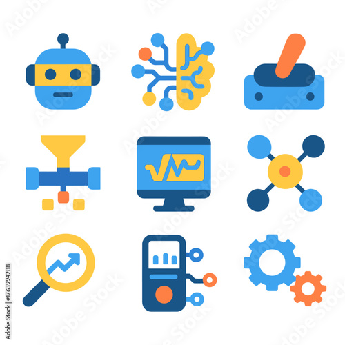 Intelligent Mechanisms flat icons: robot head, neural map, automation switch, data pipeline, predictive engine, logic node, system monitor, connected gears.