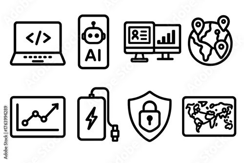 Tech Nomad Life outline icon set: coding laptop screen, AI assistant app, project management dashboard, dual monitor travel setup, global client map, productivity tracker, portable