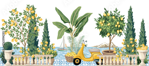 Italian coast, lemon tree, scooter, palms, cypress tree, sea wave, sailboat, tile, island illustration. Summer seafront Mediterranean mural.