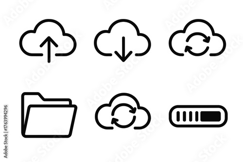 Cloud Sync outline icon set: upload arrow, download arrow, cloud icon, circular arrows, file folder, progress bar.