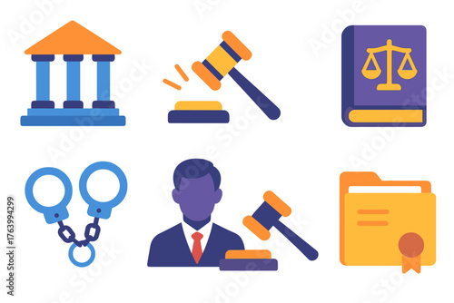 Judicial System flat icons: courthouse steps, gavel strike, policy document, legal code, handcuff icon, lawyer silhouette, justice hammer, case folder.