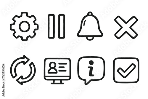 Subscription Management set of icons in doodle hand-drawn vector style: gear settings, pause button, cancel cross, reminder bell, auto-renew loop, account dashboard, info bubble,
