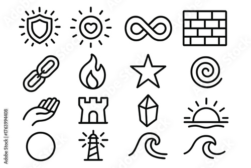 Symbolic Immunity outline icon set: glowing shield, radiant aura, infinity loop, wall, chain link, barrier, flame, star, spiral, open hand, fortress, crystal, sunrise, circle,