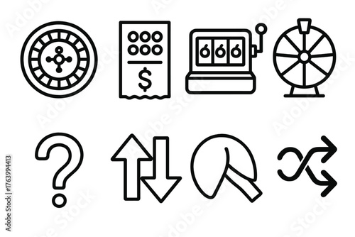 Risk & Chance outline icon set: roulette wheel, lottery ticket, slot machine, spinning wheel, question mark, red/green arrows, fortune cookie, random shuffle.