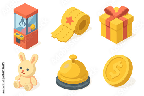Prize arcade set icons in modern isometric flat vector style: claw machine, ticket roll, gift box, stuffed toy, bell, coin.