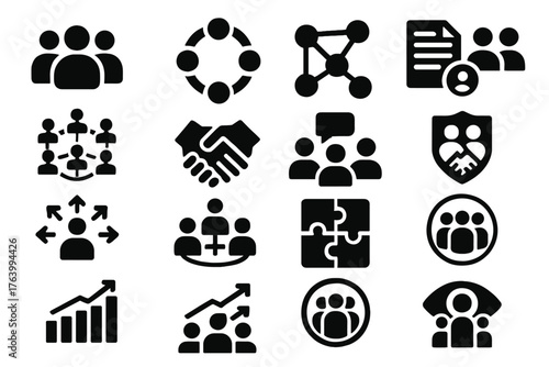 Collective Icons silhouette set: group of people, team circle, connected dots, shared document, community network, joined hands, group discussion, partnership badge, group arrows