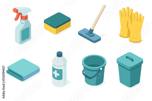 Home Disinfecting set icons in modern isometric flat vector style: spray bottle, sponge, mop, gloves, cleaning cloth, disinfectant bottle, floor bucket, trash bin.
