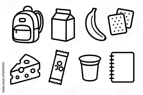 School lunchbox outline icon set: backpack, carton of milk, banana, crackers, cheese slice, granola bar, yogurt cup, notebook.