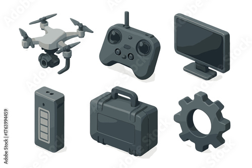 Professional gimbal set icons in modern isometric flat vector style: drone, remote control, screen, battery, case, gear.