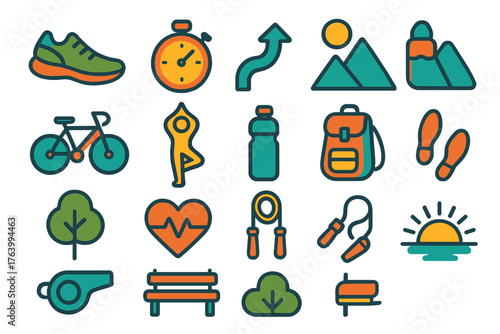 Outdoor Fitness flat icons: running shoe, stopwatch, path arrow, mountain, sun, bicycle, yoga pose, water bottle, backpack, tree, heart rate, jump rope, footprints, whistle, park
