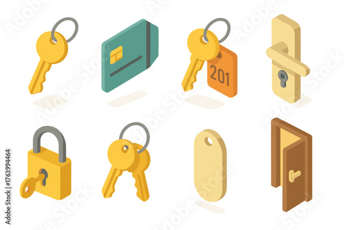 Hotel key basics set icons in modern isometric flat vector style: key with tag, room keycard, key with number, door lock, padlock with key, key on ring, simple tag, open door.