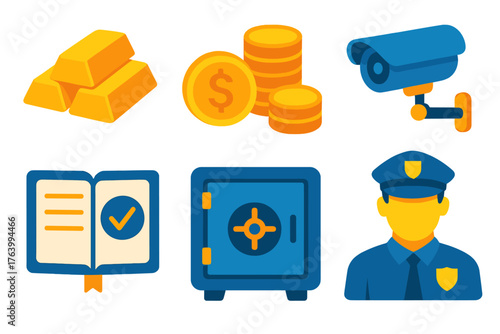 Bank safe flat icons: gold bars, coins, ledger, security camera, vault, guard.