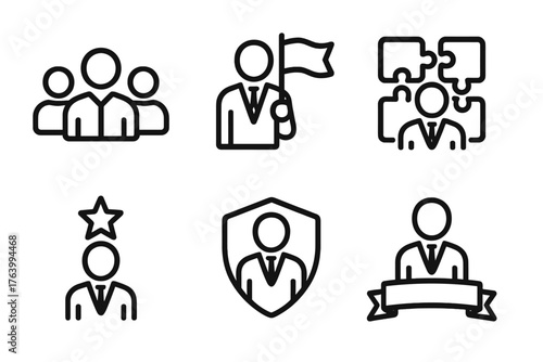 Team leader outline icon set: people group, flag, puzzle pieces, star, shield, ribbon.
