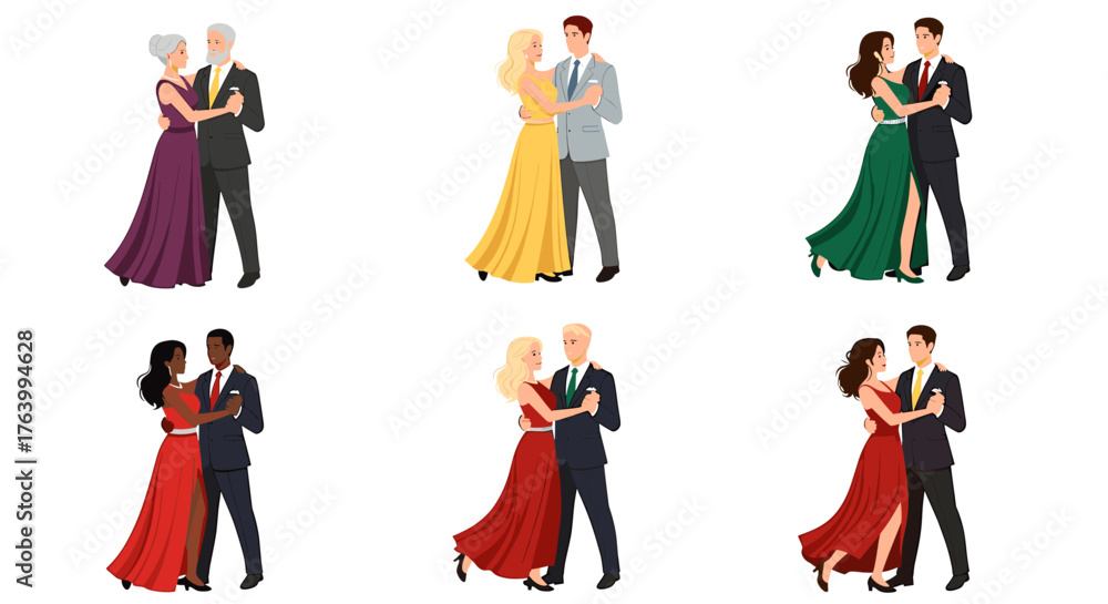 Naklejka premium Diverse couples elegantly dancing together, celebrating life's special moments with grace and joy in formal attire.