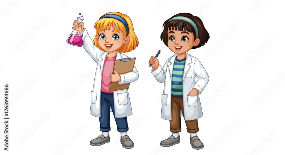 Obraz premium Curious young scientists enthusiastically exploring chemistry experiments with beakers and clipboards in a vibrant, playful style