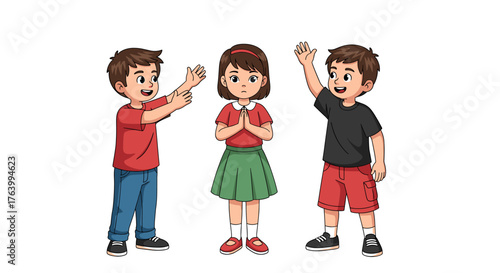 Excited children reaching out with happy waves, while a girl clasps her hands in prayer, conveying diverse emotions and interactions.