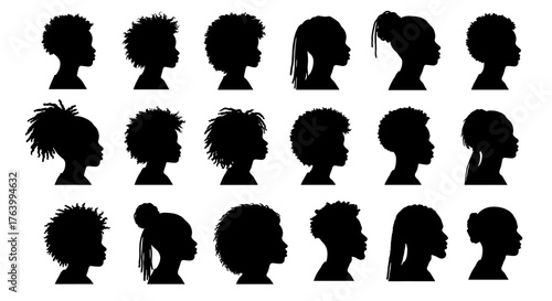 Diverse silhouettes showcase vibrant hairstyles and profiles, celebrating individuality and modern style in a collection of artistic representations.