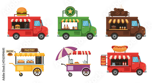 Vibrant collection of diverse food trucks and carts offering delicious treats from burgers to coffee and pastries, perfect for urban street food scenes.