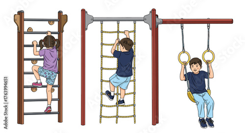 Joyful children actively play on playground equipment, climbing ladders and swinging rings for outdoor fun and healthy development.