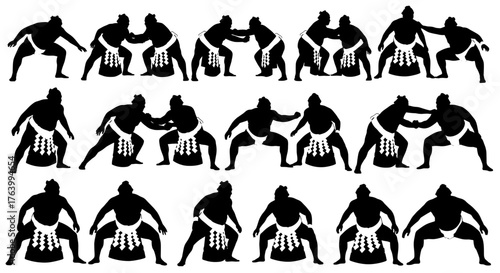 Dynamic sumo wrestlers in silhouette showcase intense combat stances and powerful athletic movements, perfect for sports and martial arts themes.