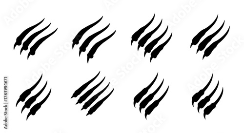 Dynamic claw marks graphic elements, fierce animal scratches, wild danger symbols, predatory attack signs, aggressive natural textures