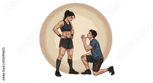 Muscular woman confidently stands while man pleads on knee, capturing power dynamics in fitness and relationships.
