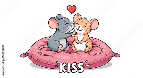 Adorable cartoon mice sharing a sweet kiss on a pink cushion, perfect for Valentine's Day or cute animal themes
