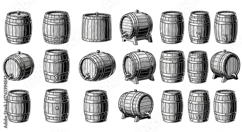 Diverse collection of vintage wooden barrels, perfect for rustic brewing, aging, or decorative themes, adding authentic charm.