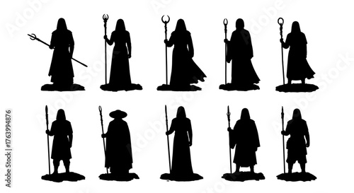 Mysterious hooded figures with staffs and cloaks casting a magical, ancient, or fantasy vibe for your next creative project.