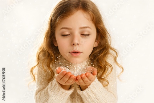 Child blowing glitter in soft winter light, magical Christmas portrait with dreamy atmosphere and cozy beige tones on white background.