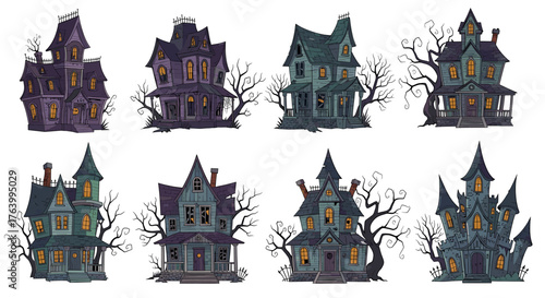 Spooky haunted mansion collection with eerie trees and glowing windows, perfect for Halloween and gothic themes.