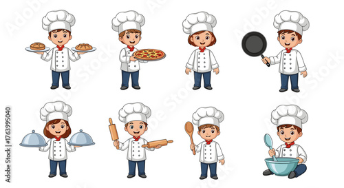 Joyful cartoon chefs with diverse culinary tools and delicious food items ready for your next project