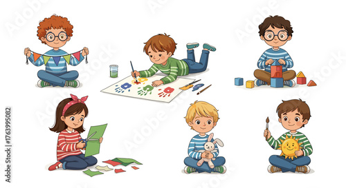Joyful children engage in creative activities like painting, crafting, and building, showcasing imagination and fun learning experiences.