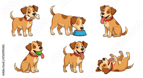 Adorable cartoon puppy collection showcasing playful activities like chewing a bone, eating, playing fetch, and rolling with joy