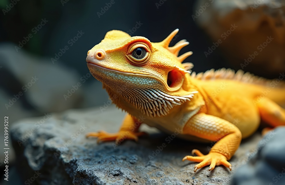 Fototapeta premium Vibrant orange bearded dragon lizard rests on textured rock in terrarium. Pogona vitticeps reptile displays spiny texture, watchful eye, characteristic throat beard. Popular exotic pet, native to